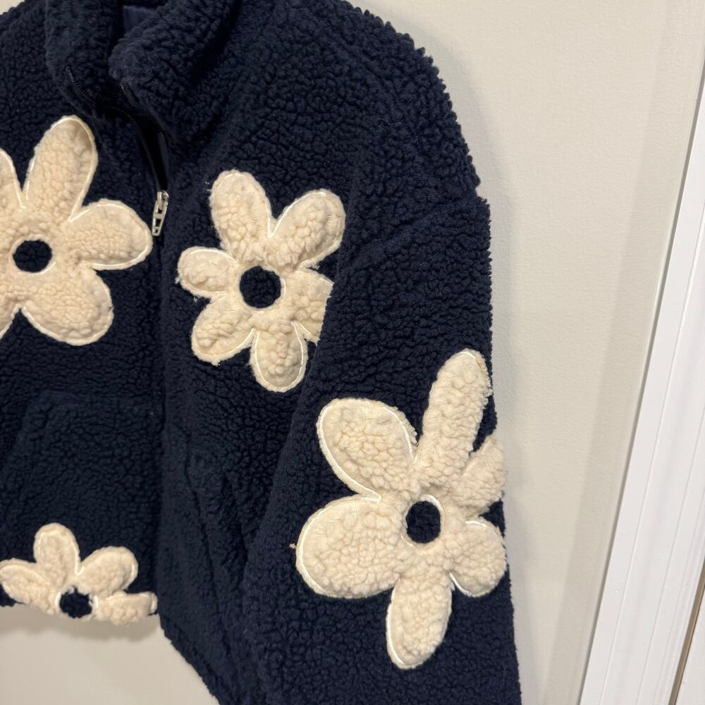 BlankNYC Flower Child Fleece Zip Up Jacket Womens Size XS Navy Blue Cream - Picture 3 of 7